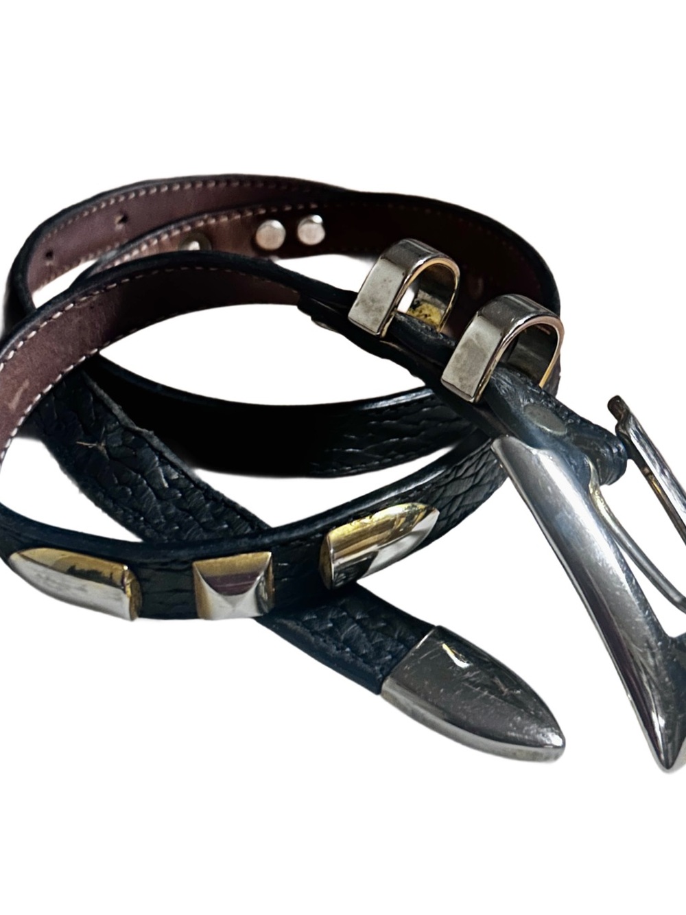 Accente’ ~ Spain ~ Small ~ Black Leather W/ Gold & Silver Metal Stud ~ Belt